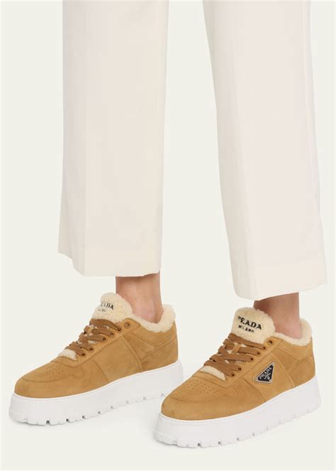 prada suede shearling platform sneakers